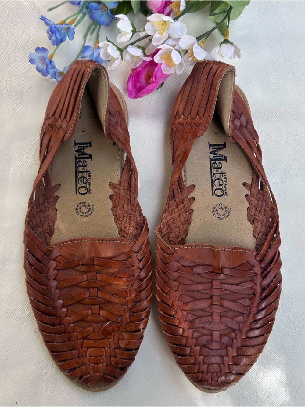Women's Brown Woven Leather Huarache Flats